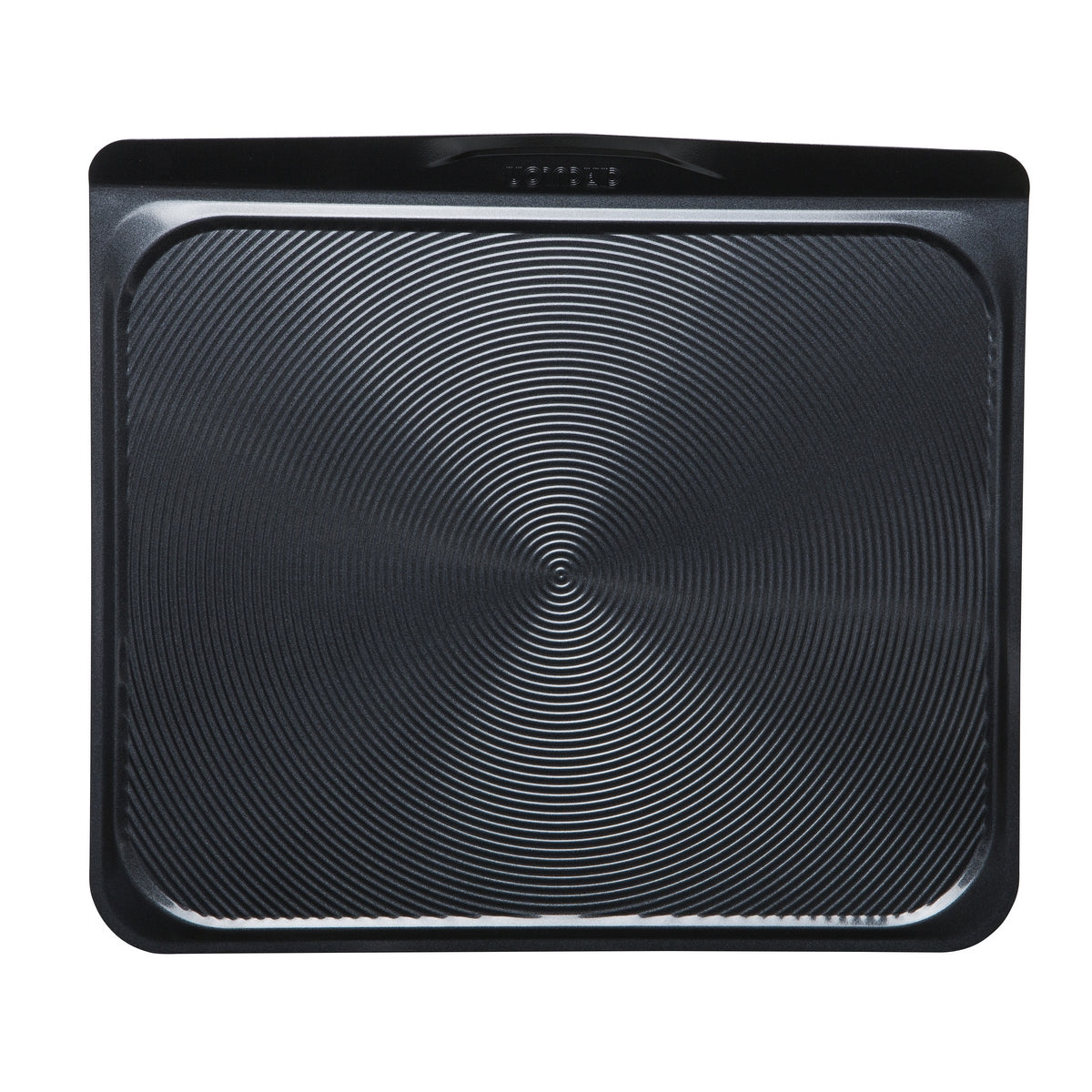 Top down view of the non-stick baking sheet, showing iconic Circulon circles that help food release