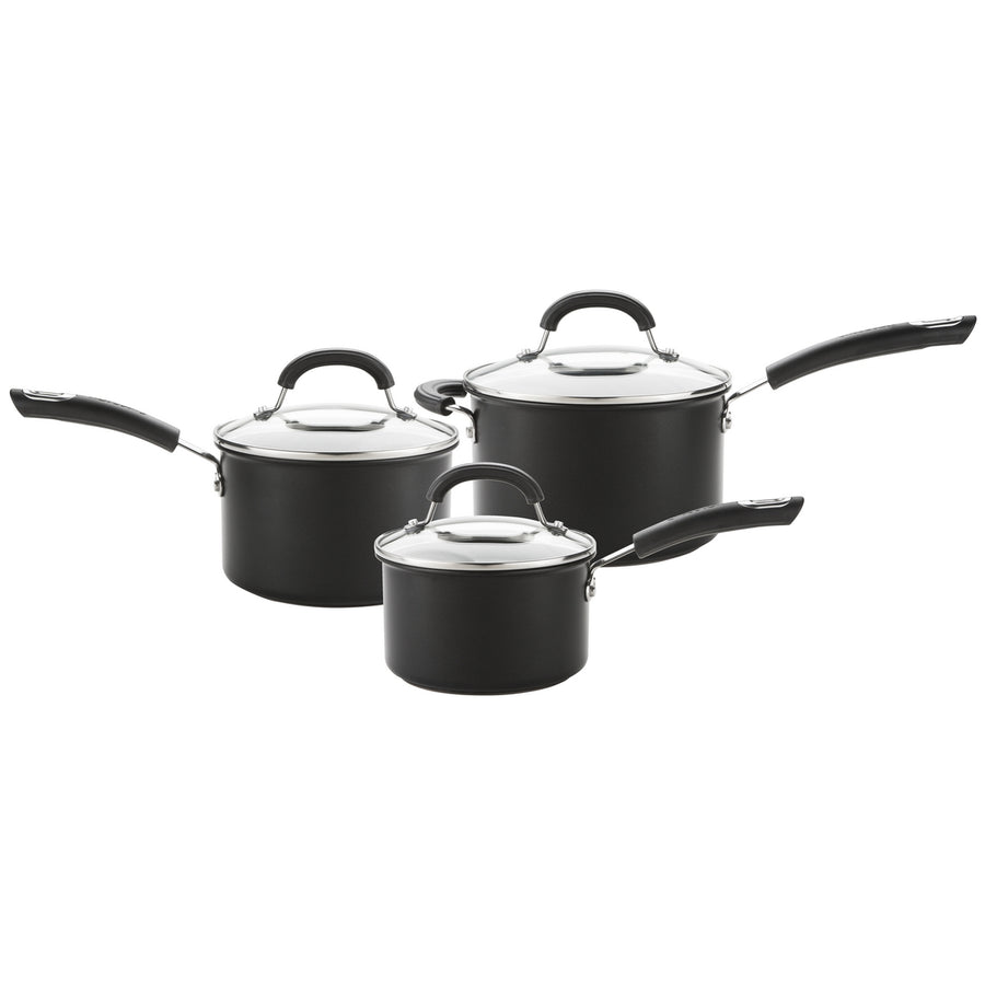 The Total 3 piece anodized saucepan set from Circulon comes with 16cm, 18cm & 20cm saucepans
