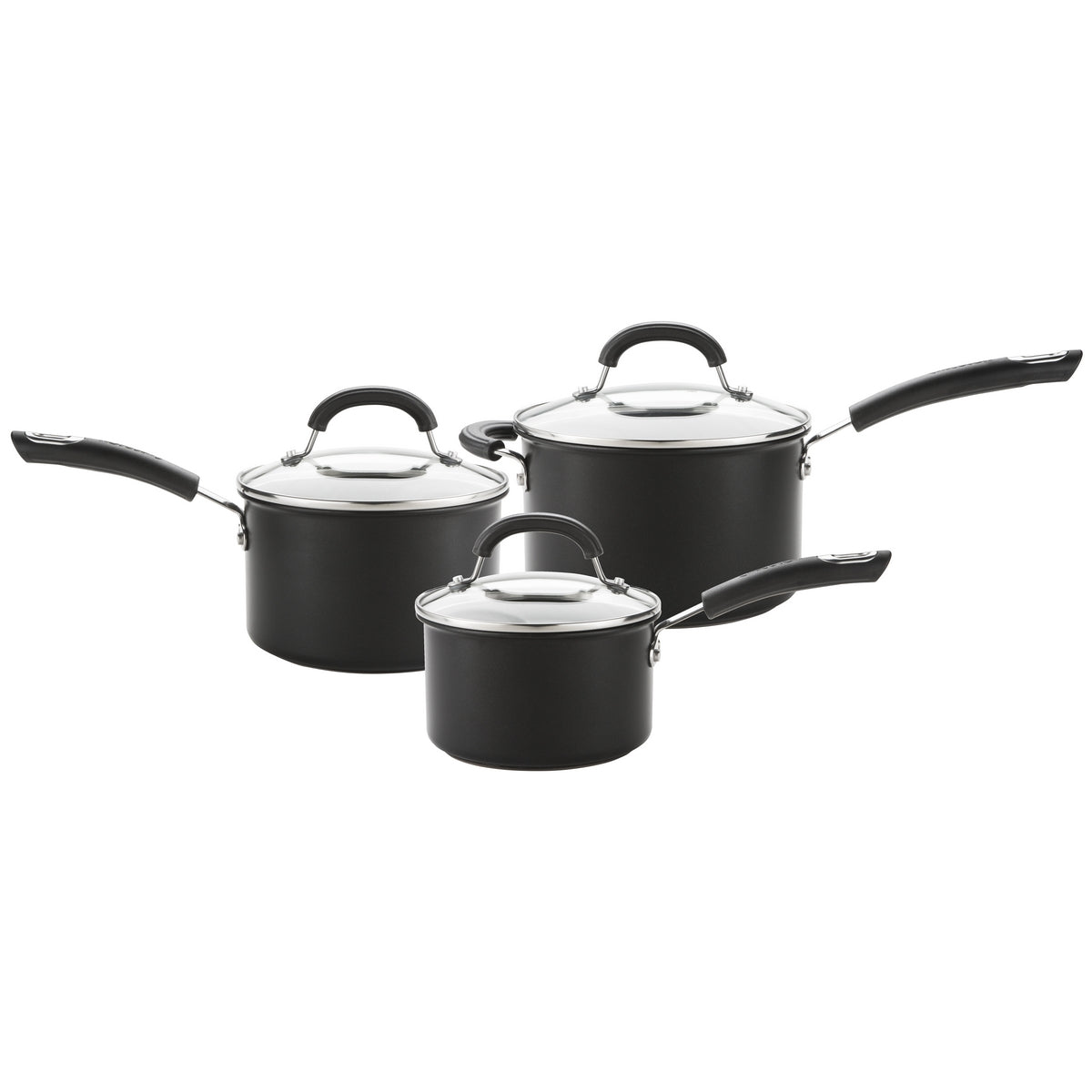 The Total 3 piece anodized saucepan set from Circulon comes with 16cm, 18cm & 20cm saucepans